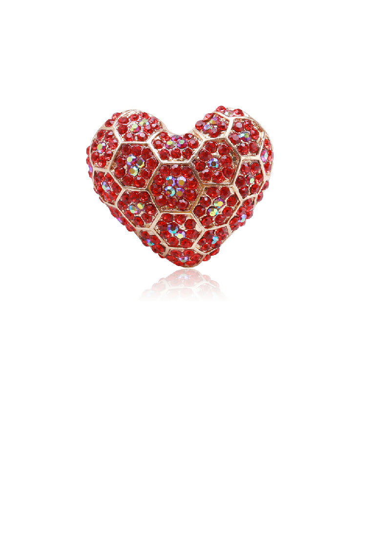 Fashion Brilliant Plated Gold Heart Brooch with Red Cubic Zirconia - Luxurious Look - Vibrant Color