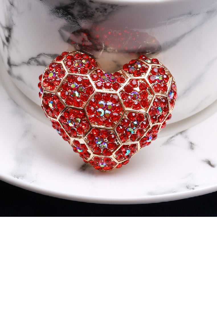 Fashion Brilliant Plated Gold Heart Brooch with Red Cubic Zirconia - Luxurious Look - Vibrant Color