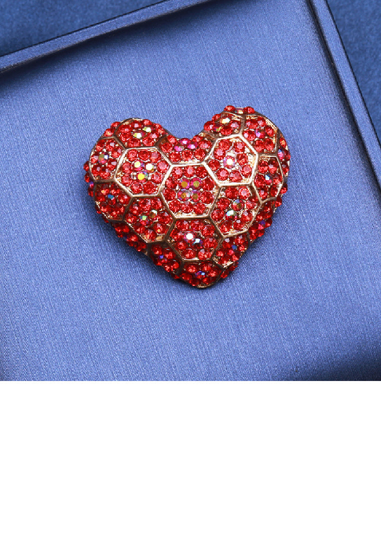 Fashion Brilliant Plated Gold Heart Brooch with Red Cubic Zirconia - Luxurious Look - Vibrant Color
