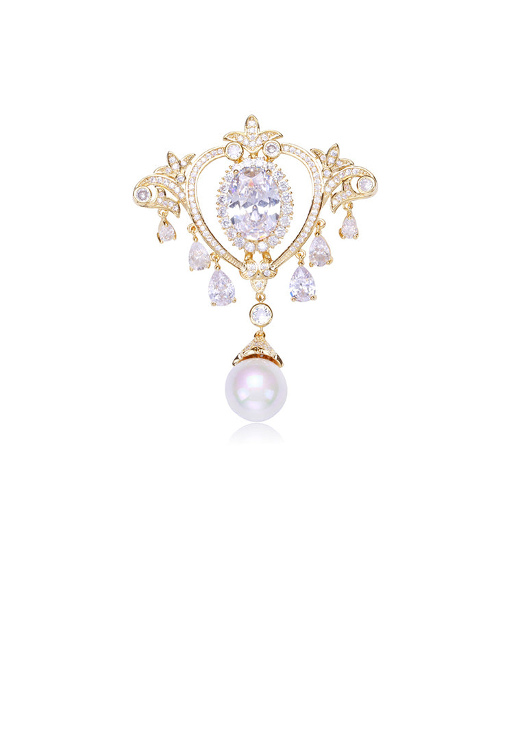 Elegant Court Plated Gold Crown Tassel Imitation Pearl Brooch with Cubic Zirconia - Luxurious Look