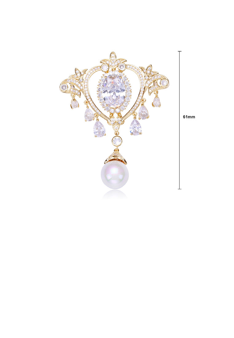 Elegant Court Plated Gold Crown Tassel Imitation Pearl Brooch with Cubic Zirconia - Luxurious Look