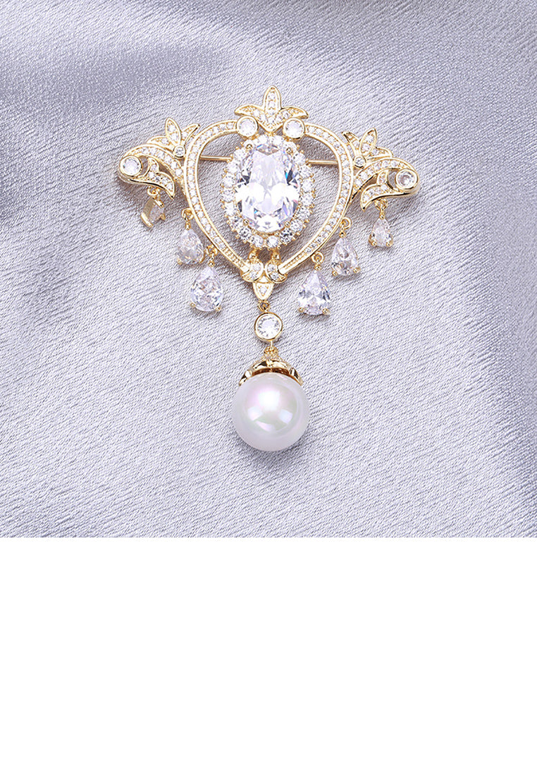 Elegant Court Plated Gold Crown Tassel Imitation Pearl Brooch with Cubic Zirconia - Luxurious Look