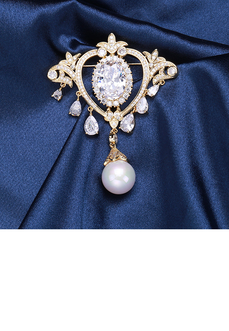 Elegant Court Plated Gold Crown Tassel Imitation Pearl Brooch with Cubic Zirconia - Luxurious Look