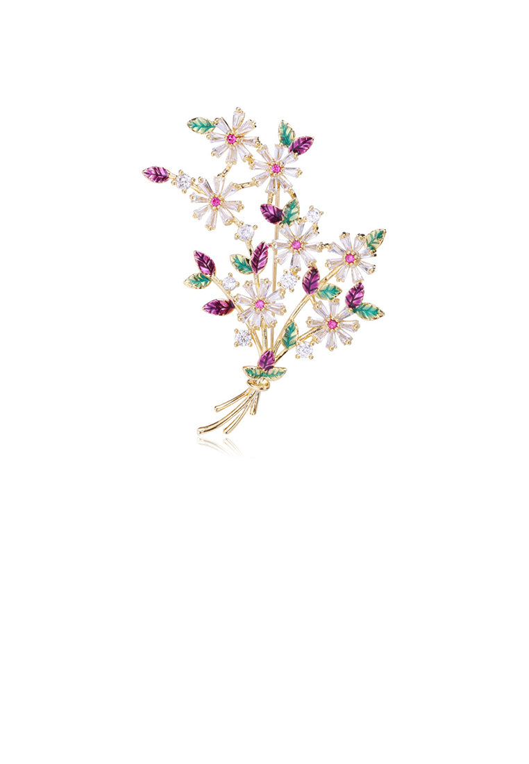 Fashion and Elegant Plated Gold Flower Brooch with Colored Cubic Zirconia - Luxurious Look