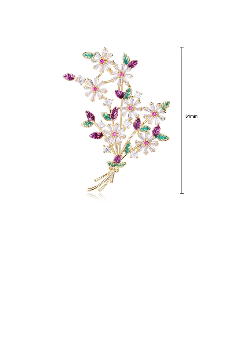 Fashion and Elegant Plated Gold Flower Brooch with Colored Cubic Zirconia - Luxurious Look
