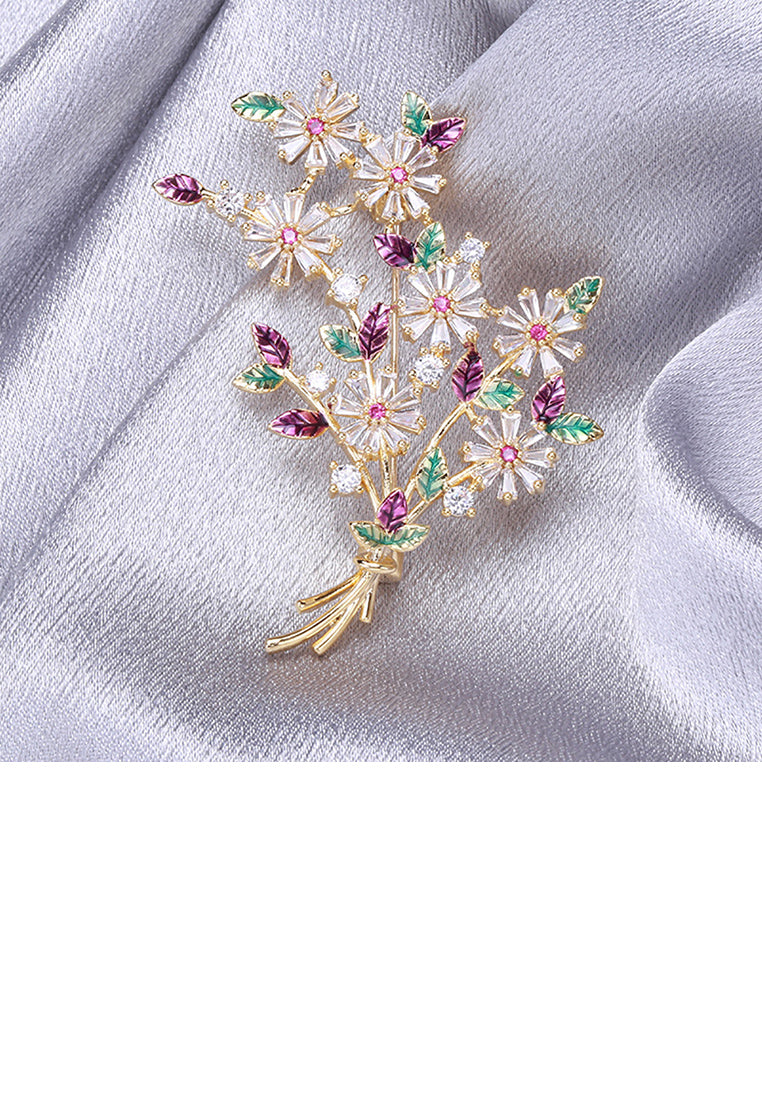 Fashion and Elegant Plated Gold Flower Brooch with Colored Cubic Zirconia - Luxurious Look