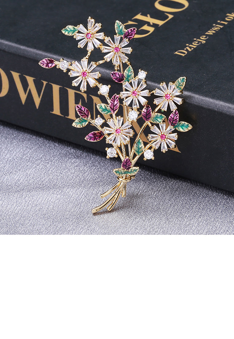 Fashion and Elegant Plated Gold Flower Brooch with Colored Cubic Zirconia - Luxurious Look