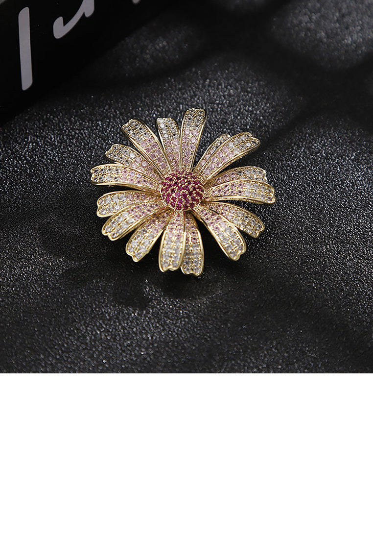 Fashion Bright Plated Gold Daisy Brooch with Purple Cubic Zirconia - Luxurious Look