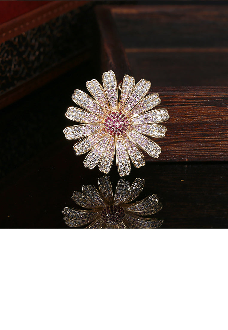 Fashion Bright Plated Gold Daisy Brooch with Purple Cubic Zirconia - Luxurious Look