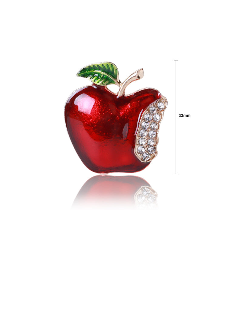 Fashion Sweet Plated Gold Enamel Red Apple Brooch with Cubic Zirconia - Luxurious Look - Vibrant Color