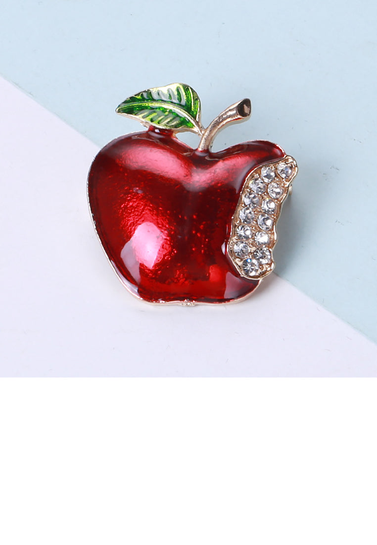 Fashion Sweet Plated Gold Enamel Red Apple Brooch with Cubic Zirconia - Luxurious Look - Vibrant Color
