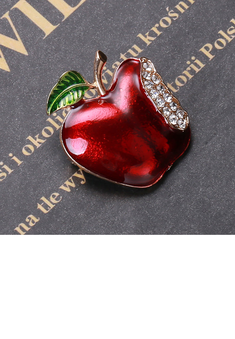 Fashion Sweet Plated Gold Enamel Red Apple Brooch with Cubic Zirconia - Luxurious Look - Vibrant Color