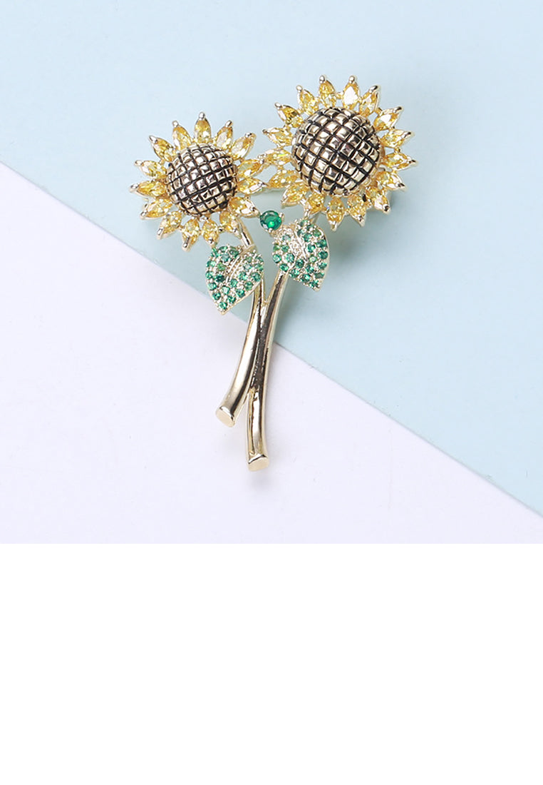 Fashion and Simple Plated Gold Sunflower Brooch with Yellow Cubic Zirconia - Luxurious Look