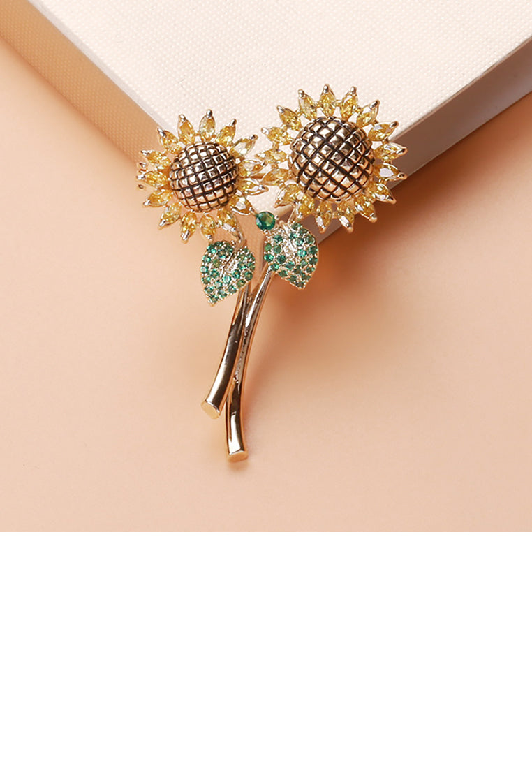 Fashion and Simple Plated Gold Sunflower Brooch with Yellow Cubic Zirconia - Luxurious Look