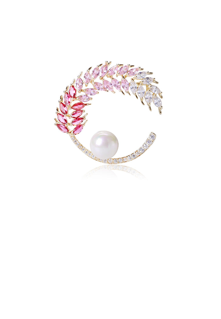 Fashion and Dazzling Plated Gold Wheat Imitation Pearl Brooch with Pink Cubic Zirconia - Luxurious Look - Vibrant Color