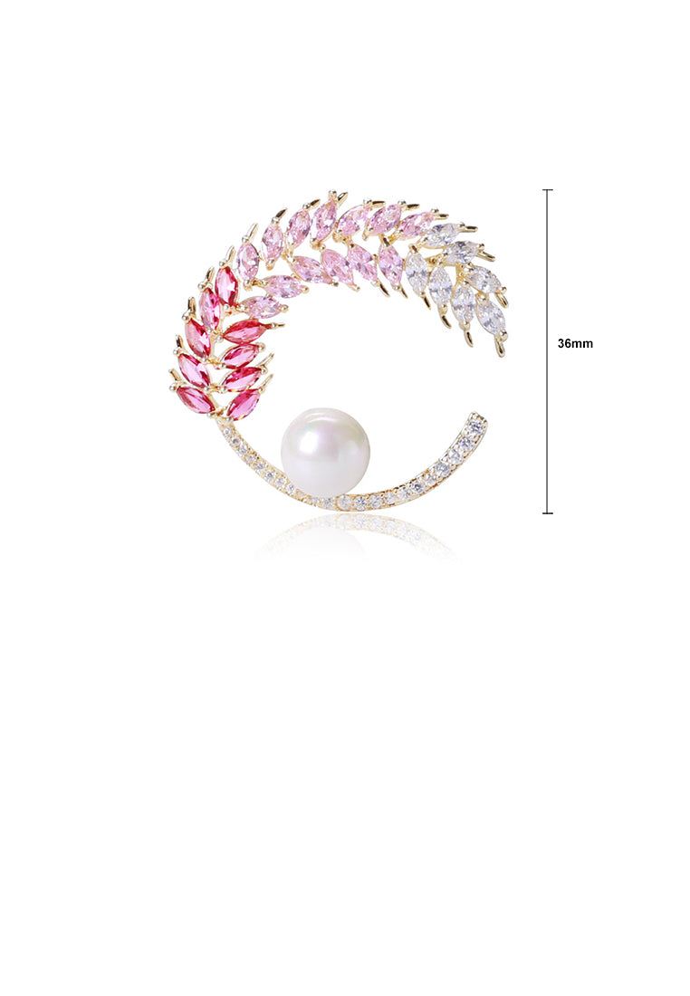 Fashion and Dazzling Plated Gold Wheat Imitation Pearl Brooch with Pink Cubic Zirconia - Luxurious Look - Vibrant Color