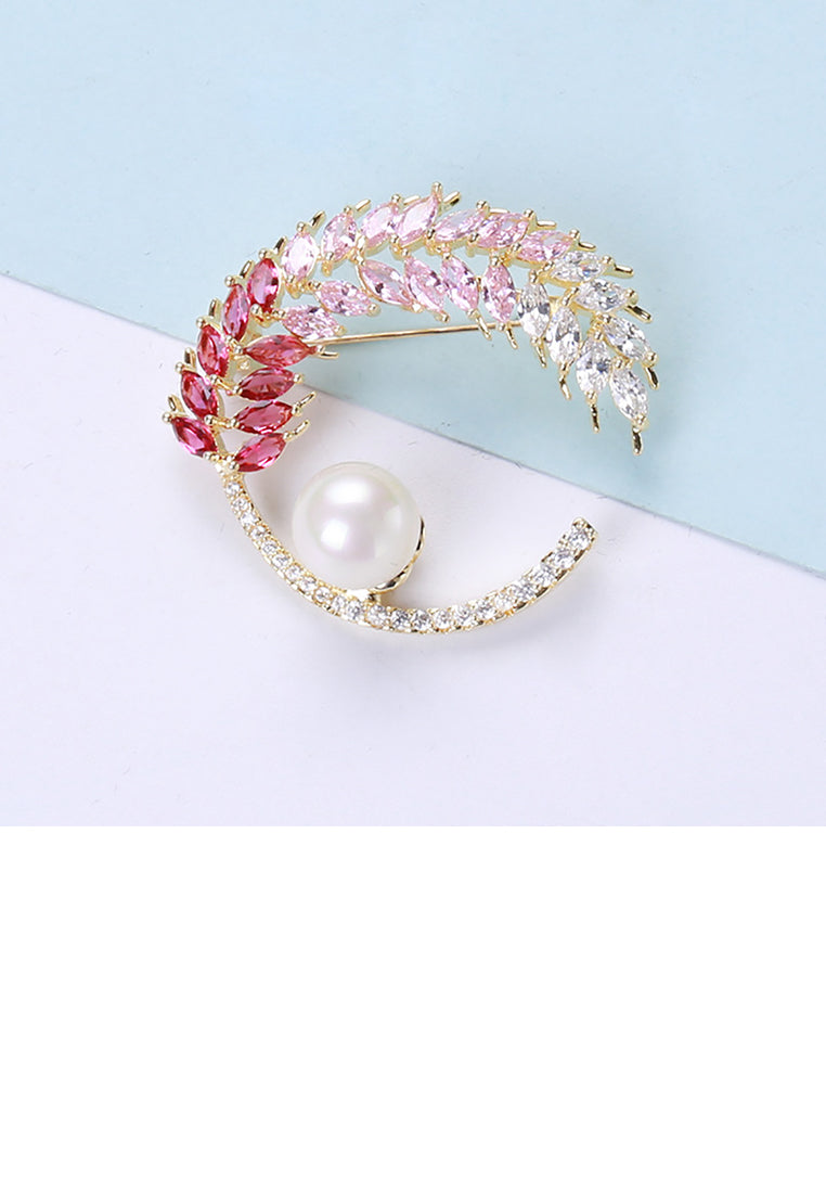 Fashion and Dazzling Plated Gold Wheat Imitation Pearl Brooch with Pink Cubic Zirconia - Luxurious Look - Vibrant Color
