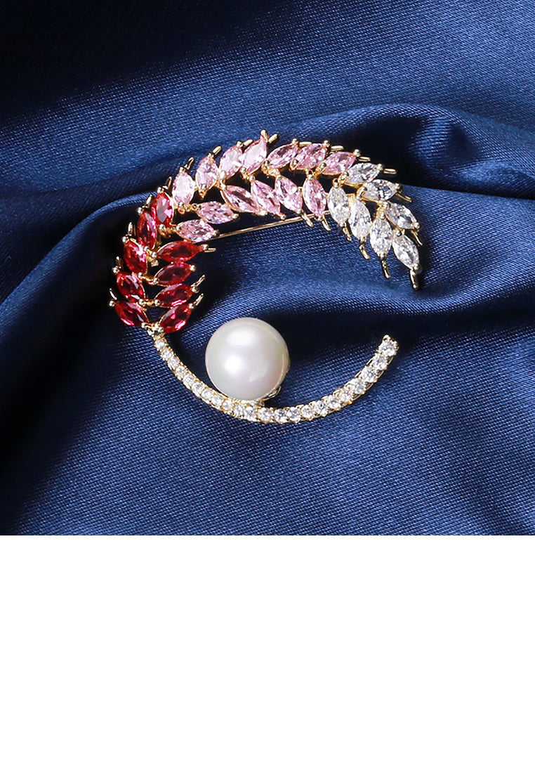 Fashion and Dazzling Plated Gold Wheat Imitation Pearl Brooch with Pink Cubic Zirconia - Luxurious Look - Vibrant Color