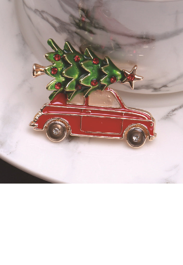 Fashion Creative Plated Gold Enamel Christmas Tree Car Brooch with Cubic Zirconia - Luxurious Look