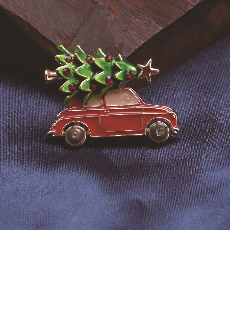 Fashion Creative Plated Gold Enamel Christmas Tree Car Brooch with Cubic Zirconia - Luxurious Look