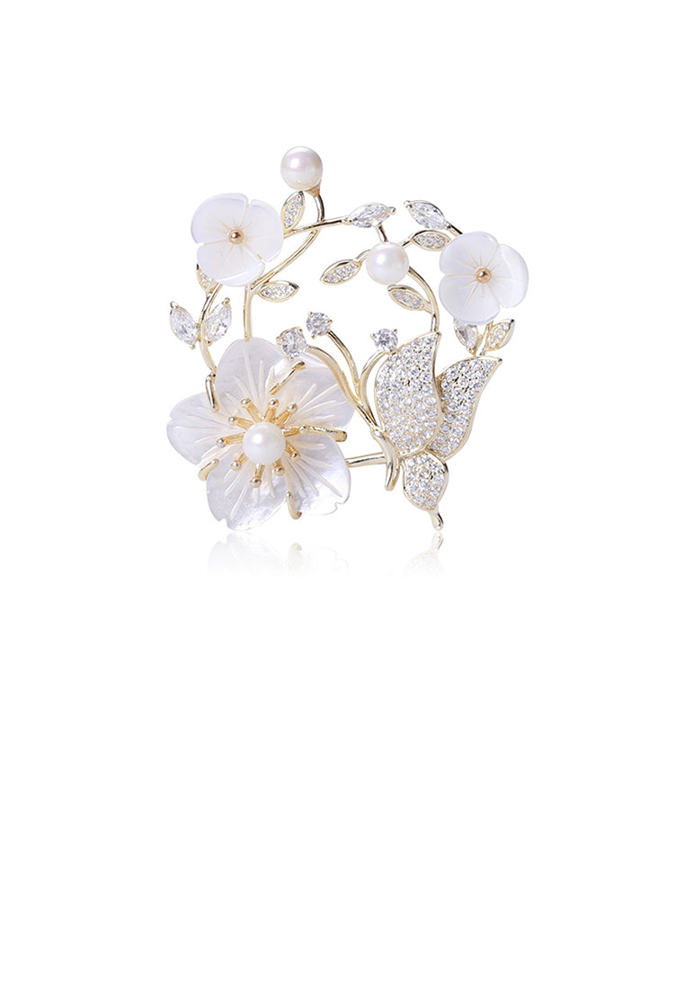 Fashion and Elegant Plated Gold Shell Flower Butterfly Brooch with Cubic Zirconia - Luxurious Look