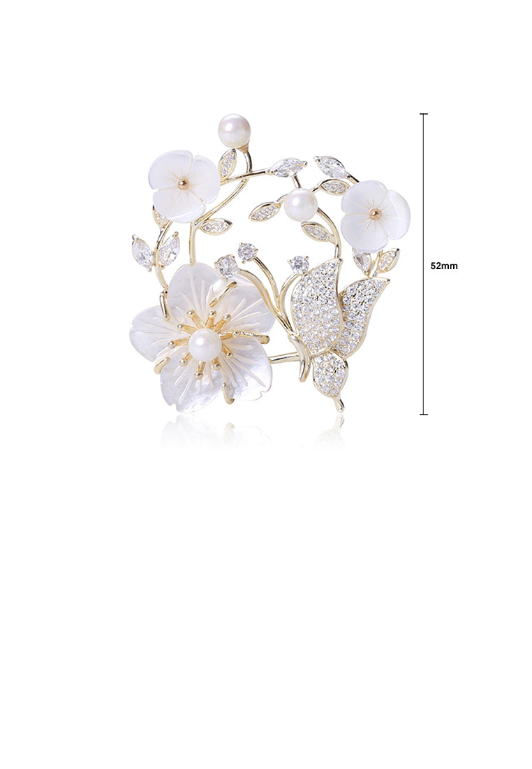 Fashion and Elegant Plated Gold Shell Flower Butterfly Brooch with Cubic Zirconia - Luxurious Look
