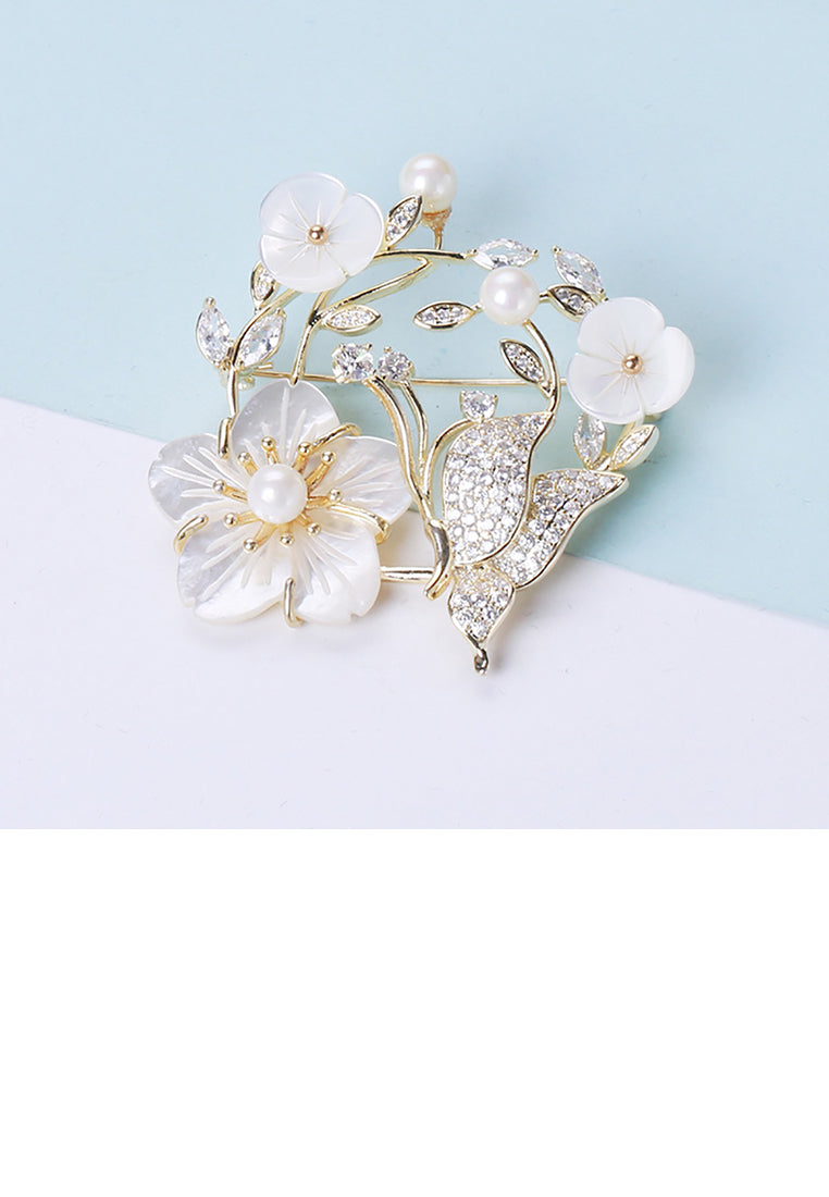 Fashion and Elegant Plated Gold Shell Flower Butterfly Brooch with Cubic Zirconia - Luxurious Look