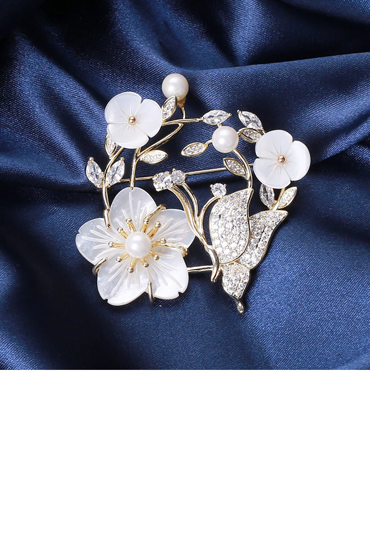 Fashion and Elegant Plated Gold Shell Flower Butterfly Brooch with Cubic Zirconia - Luxurious Look