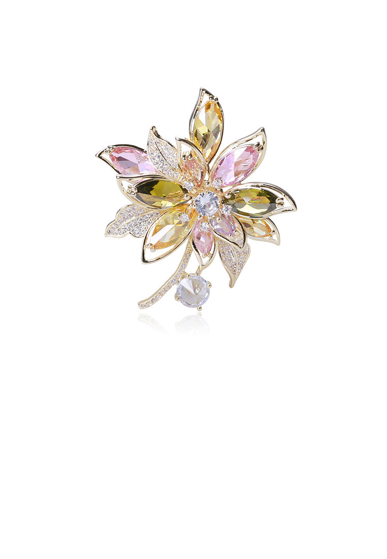 Fashion Bright Plated Gold Color Flower Brooch with Cubic Zirconia - Luxurious Look