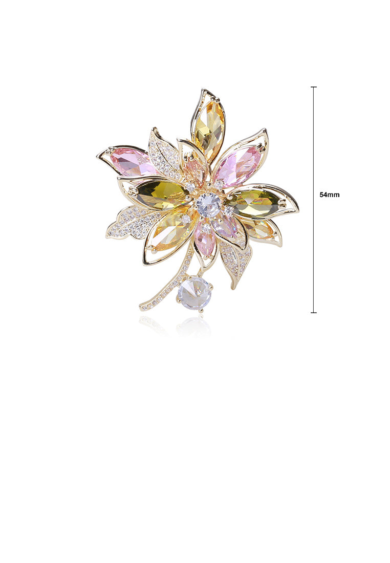 Fashion Bright Plated Gold Color Flower Brooch with Cubic Zirconia - Luxurious Look