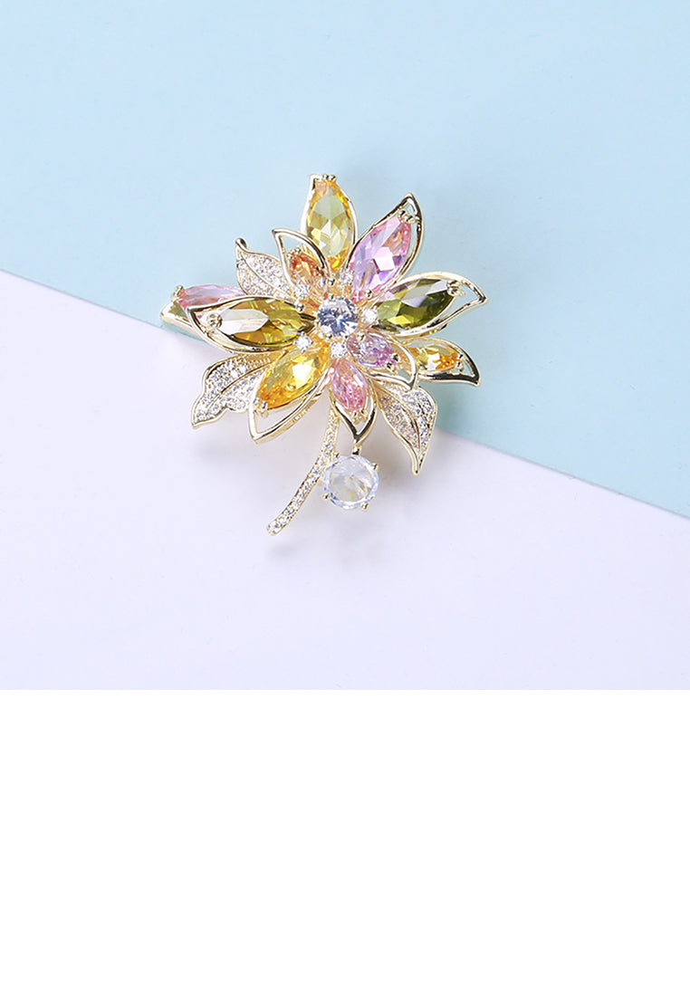 Fashion Bright Plated Gold Color Flower Brooch with Cubic Zirconia - Luxurious Look