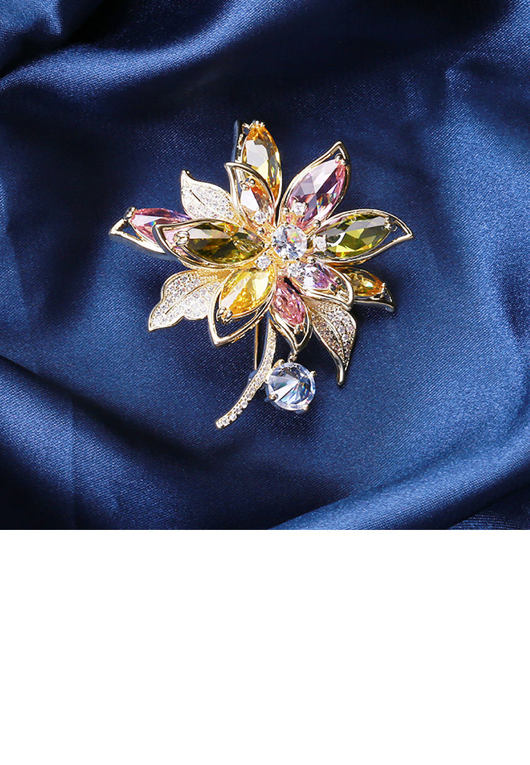Fashion Bright Plated Gold Color Flower Brooch with Cubic Zirconia - Luxurious Look