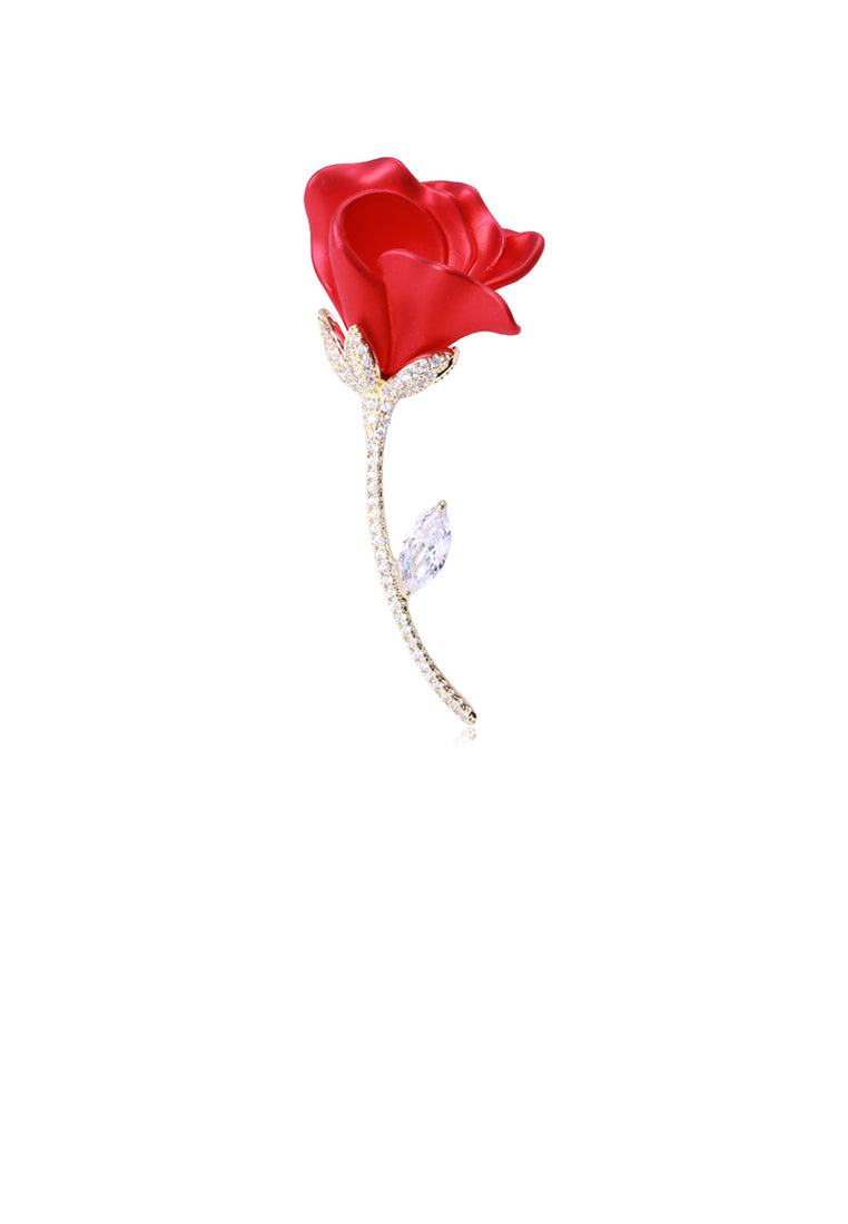 Fashion and Elegant Plated Gold Red Rose Brooch with Cubic Zirconia - Luxurious Look - Vibrant Color