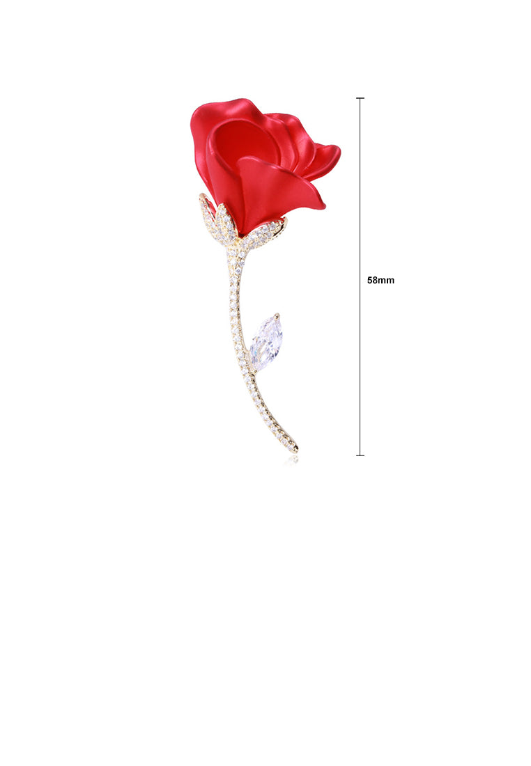 Fashion and Elegant Plated Gold Red Rose Brooch with Cubic Zirconia - Luxurious Look - Vibrant Color