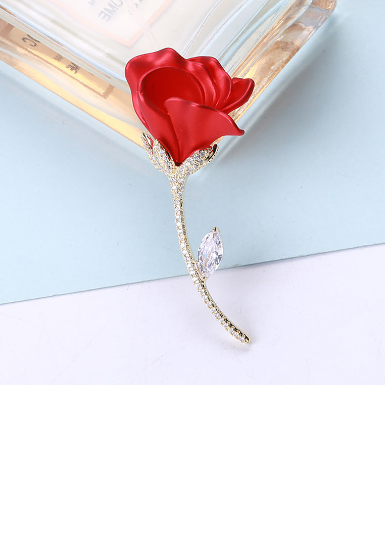 Fashion and Elegant Plated Gold Red Rose Brooch with Cubic Zirconia - Luxurious Look - Vibrant Color