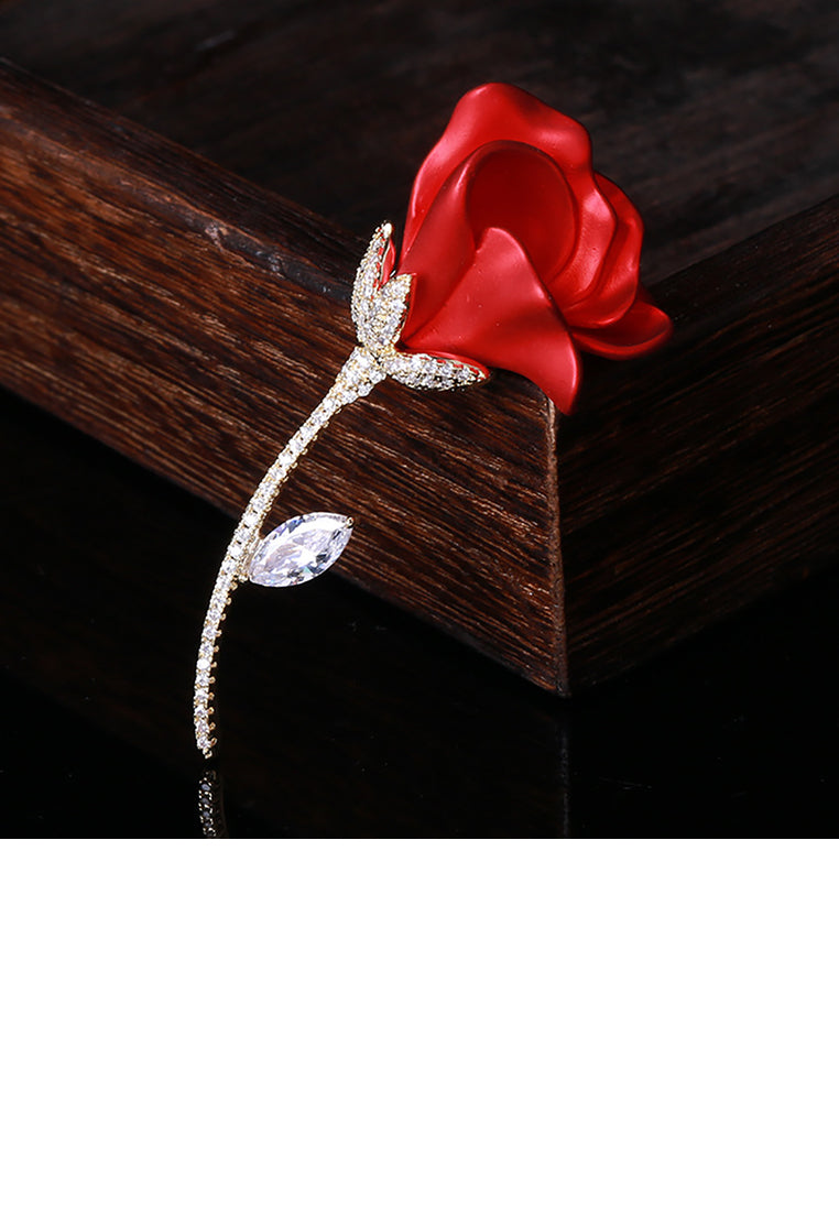 Fashion and Elegant Plated Gold Red Rose Brooch with Cubic Zirconia - Luxurious Look - Vibrant Color
