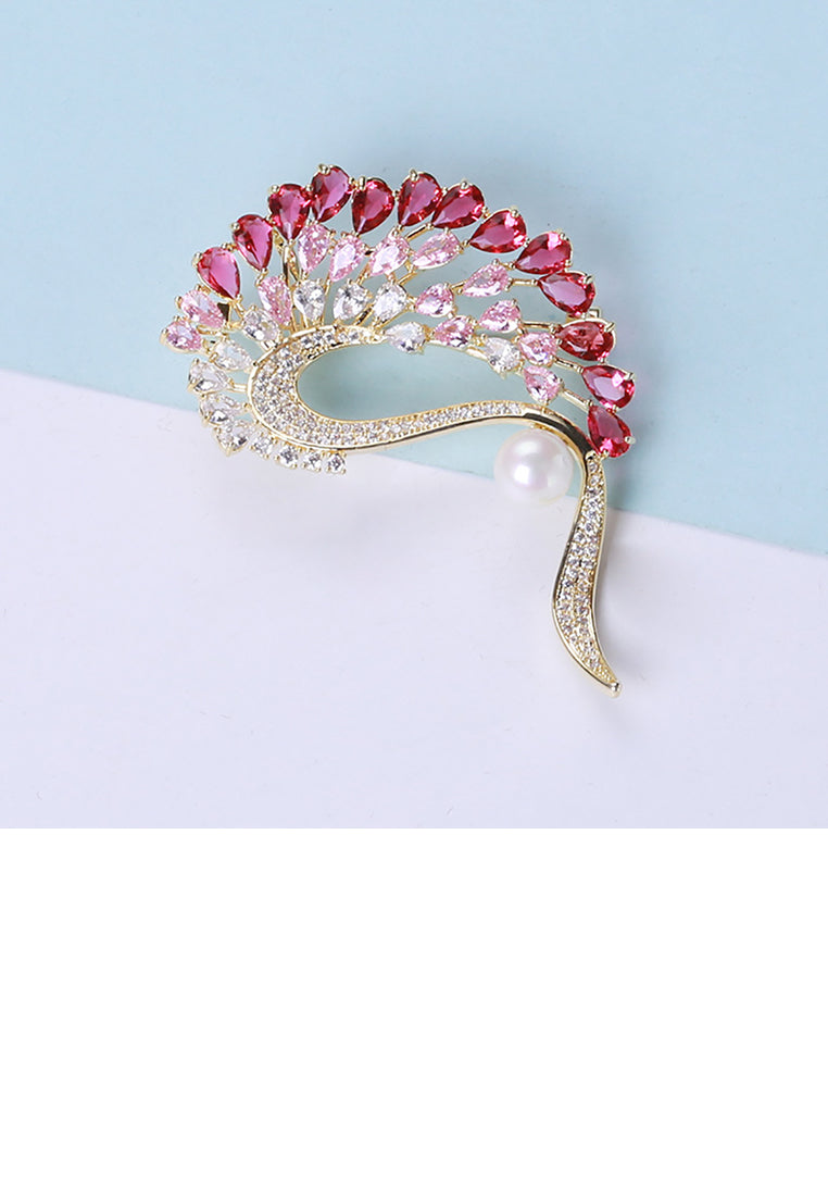 Fashion Creative Plated Gold Peacock Brooch with Pink Cubic Zirconia - Luxurious Look - Vibrant Color