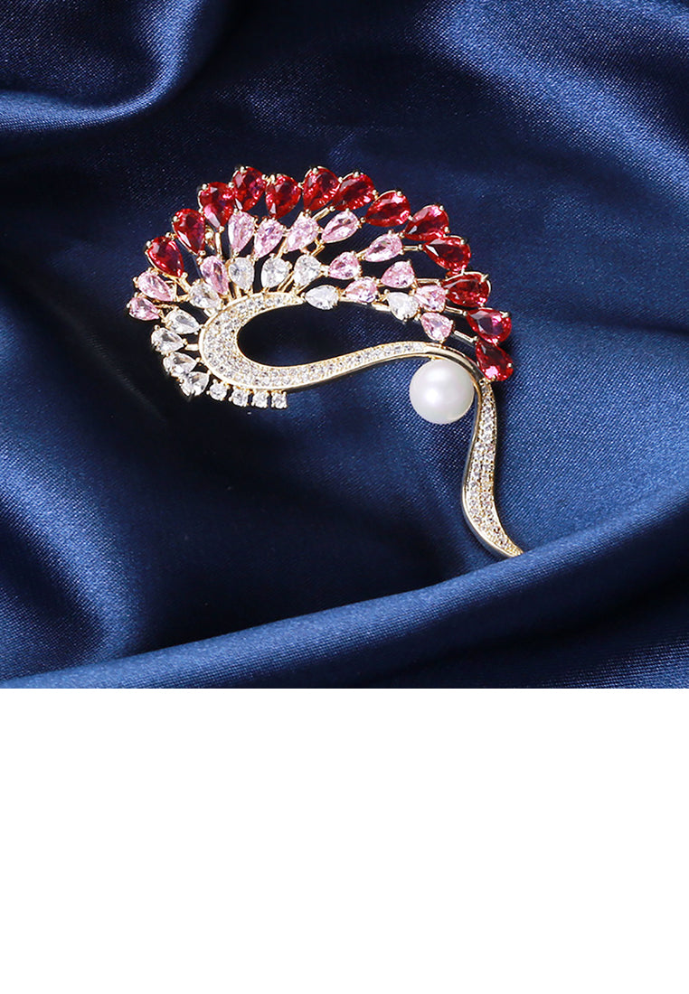 Fashion Creative Plated Gold Peacock Brooch with Pink Cubic Zirconia - Luxurious Look - Vibrant Color