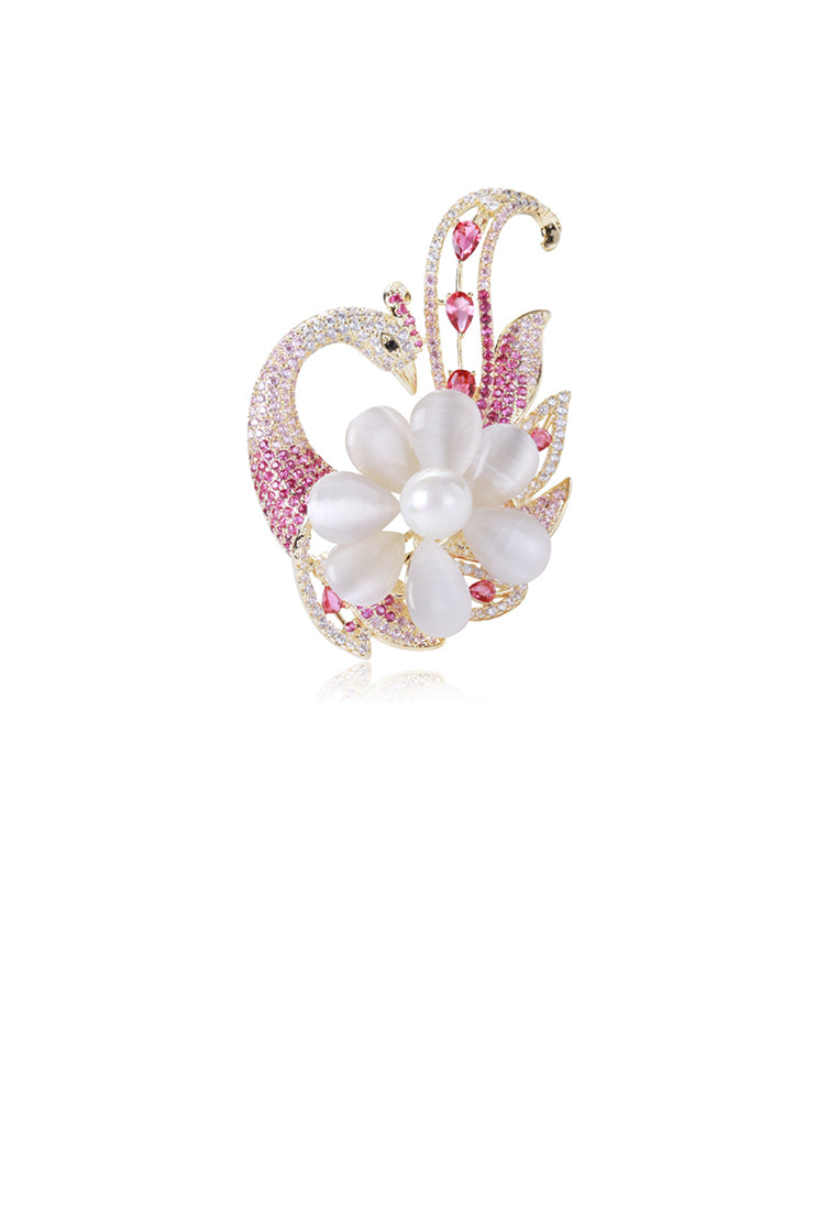 Fashion and Elegant Plated Gold Phoenix Imitation Opal Brooch with Pink Cubic Zirconia - Luxurious Look - Vibrant Color