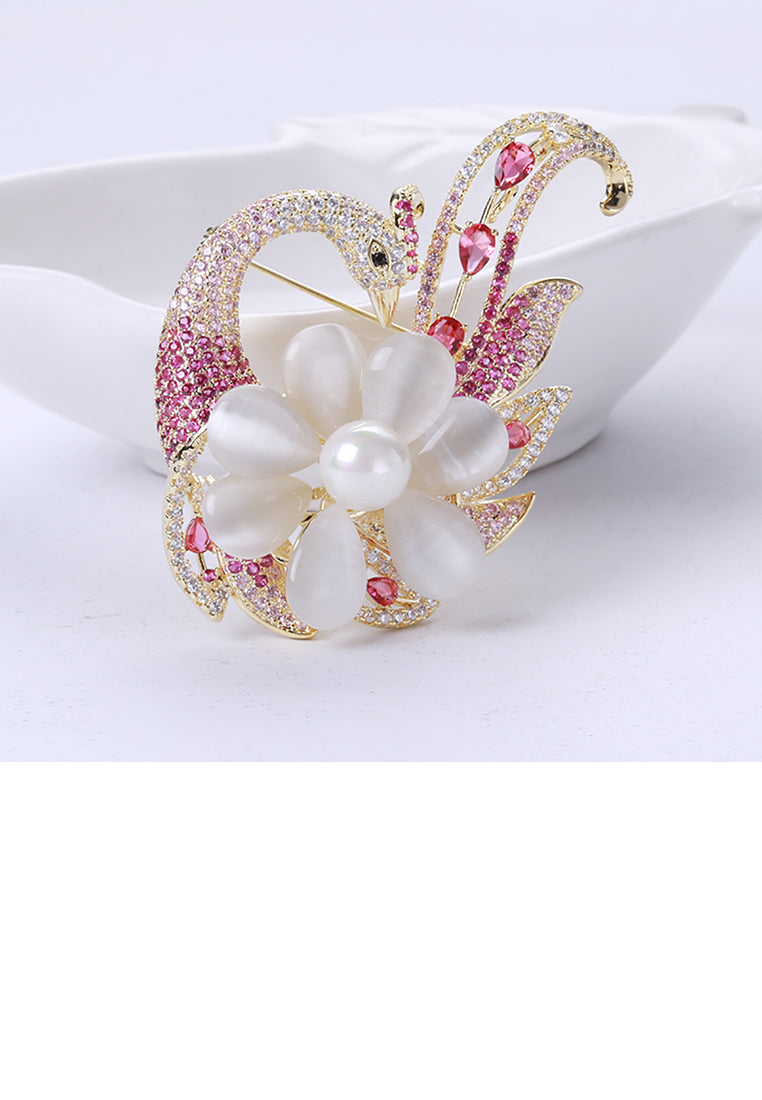 Fashion and Elegant Plated Gold Phoenix Imitation Opal Brooch with Pink Cubic Zirconia - Luxurious Look - Vibrant Color