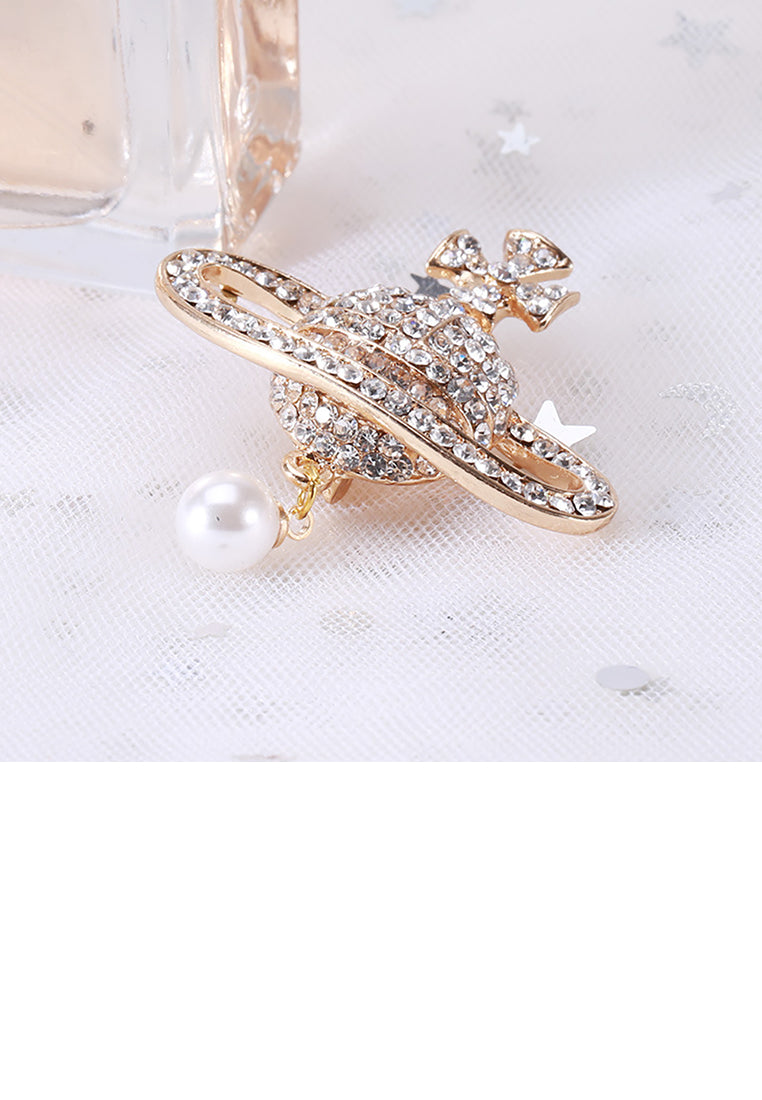 Fashion Bright Plated Gold Planet Imitation Pearl Brooch with Cubic Zirconia - Luxurious Look