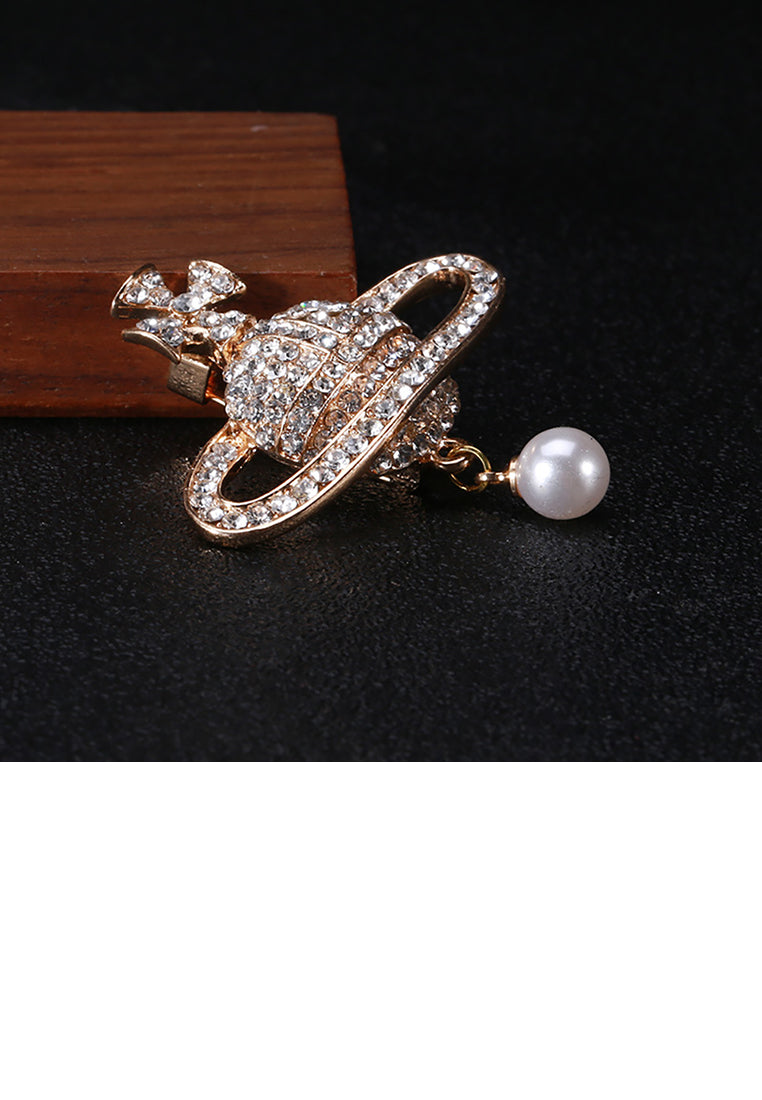 Fashion Bright Plated Gold Planet Imitation Pearl Brooch with Cubic Zirconia - Luxurious Look