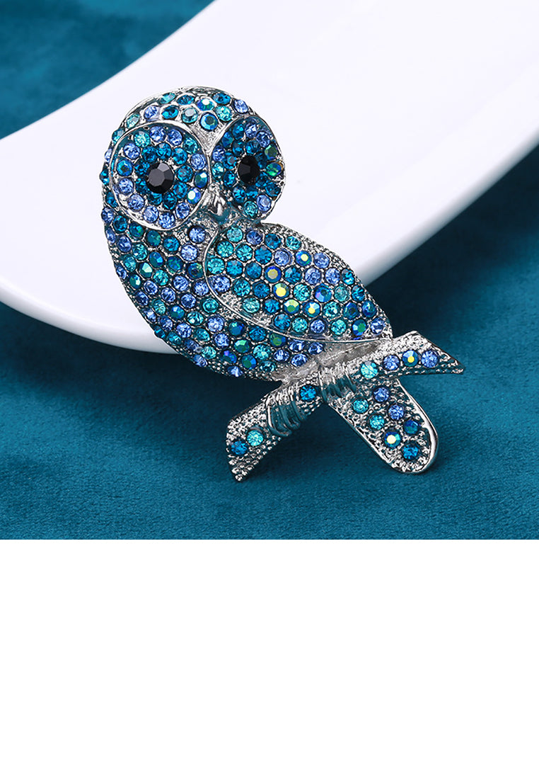 Cute Brilliant Owl Brooch with Blue Cubic Zirconia - Luxurious Look