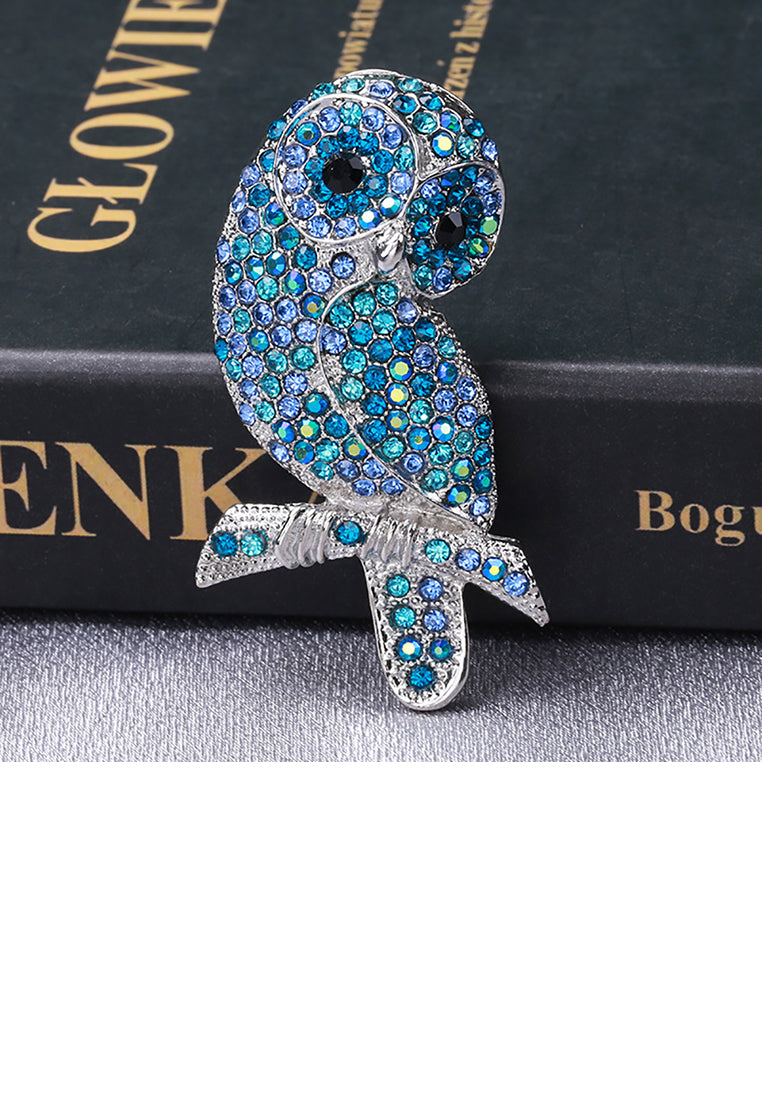 Cute Brilliant Owl Brooch with Blue Cubic Zirconia - Luxurious Look