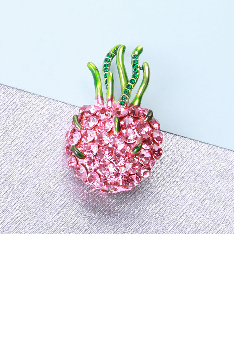 Fashion Sweet Plated Gold Dragon Fruit Brooch with Pink Cubic Zirconia - Luxurious Look - Vibrant Color