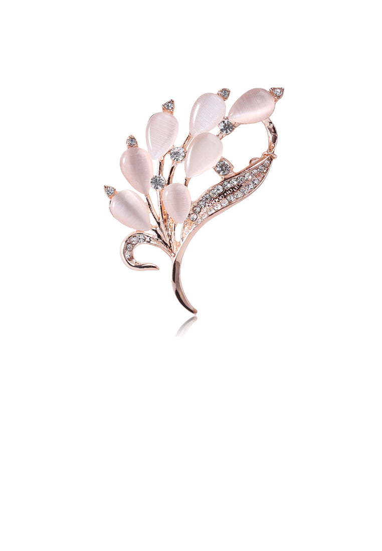 Fashion and Elegant Plated Rose Gold Feather Imitation Opal Brooch with Cubic Zirconia - Luxurious Look