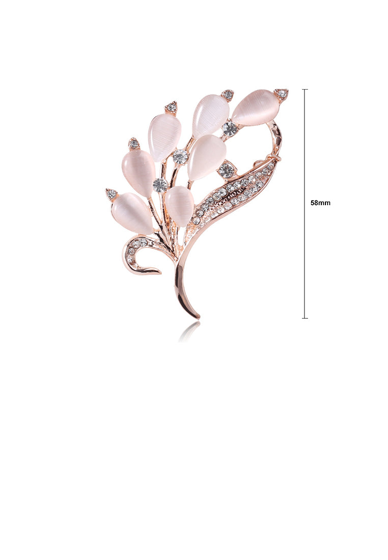 Fashion and Elegant Plated Rose Gold Feather Imitation Opal Brooch with Cubic Zirconia - Luxurious Look