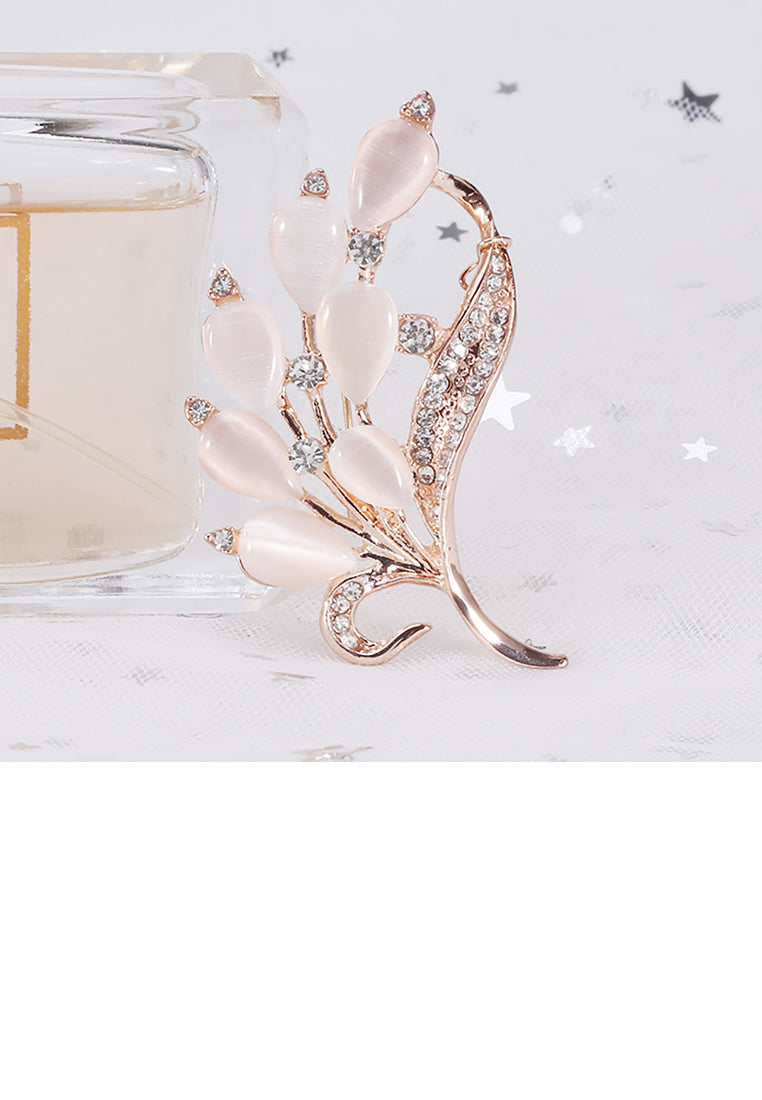 Fashion and Elegant Plated Rose Gold Feather Imitation Opal Brooch with Cubic Zirconia - Luxurious Look