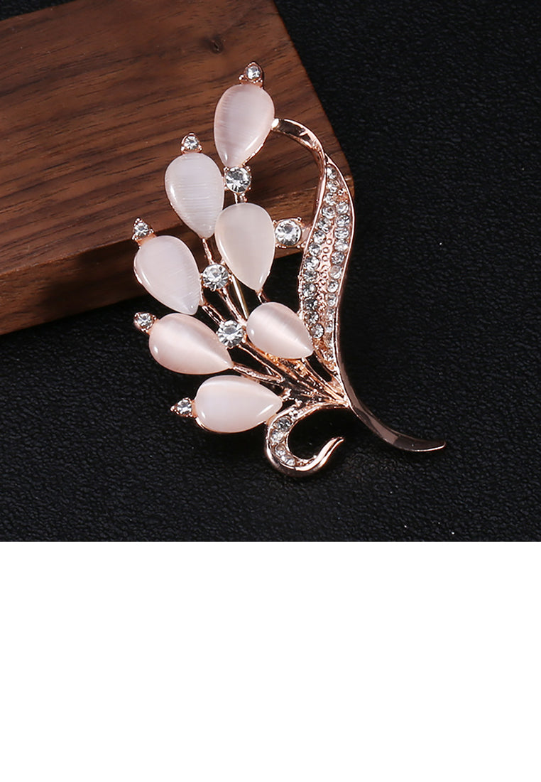 Fashion and Elegant Plated Rose Gold Feather Imitation Opal Brooch with Cubic Zirconia - Luxurious Look