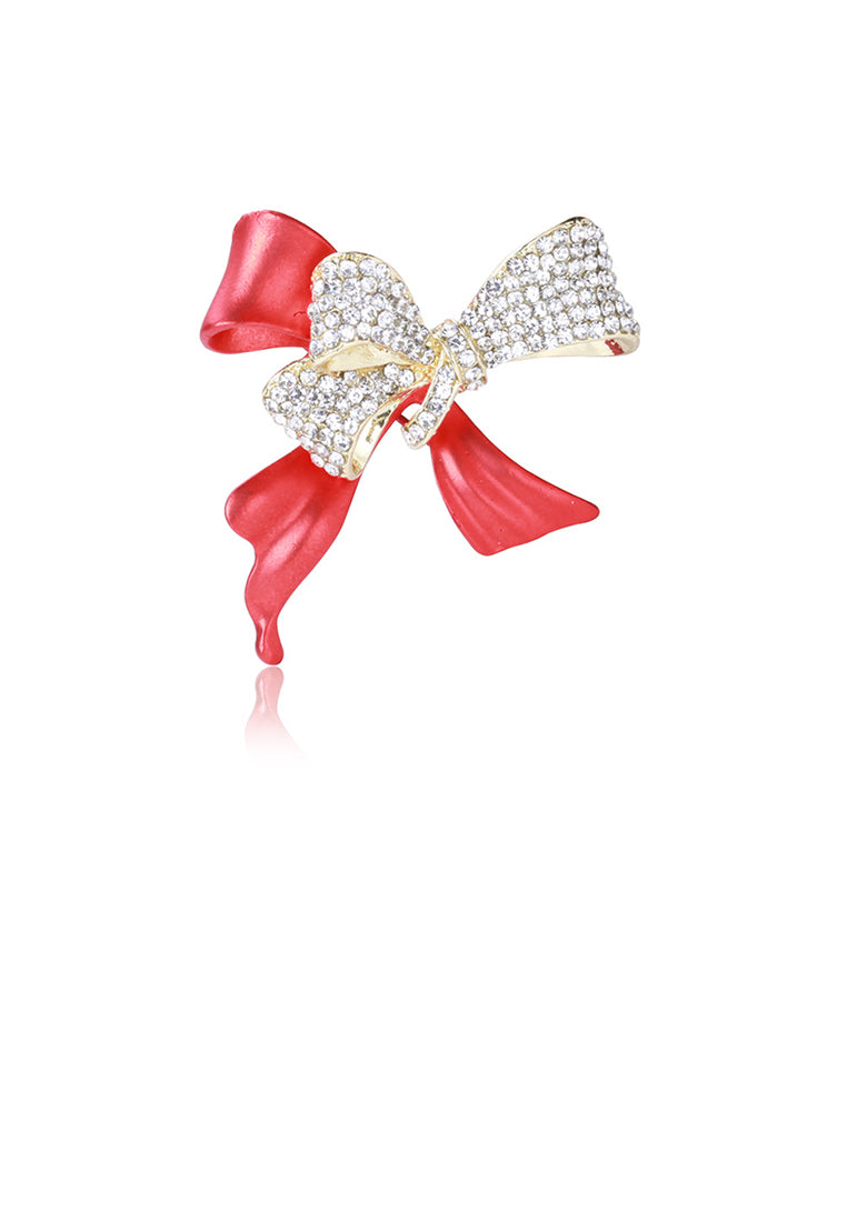 Simple and Sweet Plated Gold Enamel Red Ribbon Brooch with Cubic Zirconia - Luxurious Look - Vibrant Color